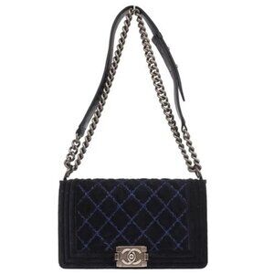Boy Chanel Navy Velvet Medium Chain Shoulder Bag 117802